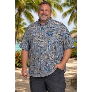 Go Barefoot Mens 3XL Hawaiian Shirt Blue Sea Turtle Palm Tree Cotton Made in USA